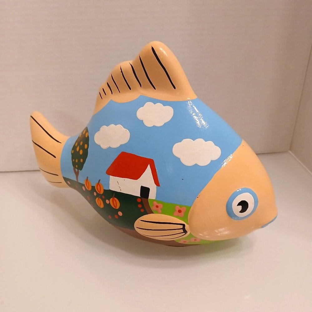 Vintage Mayabella Large Coin Fish Bank Colorful Hand Painted Mexican Folk Art